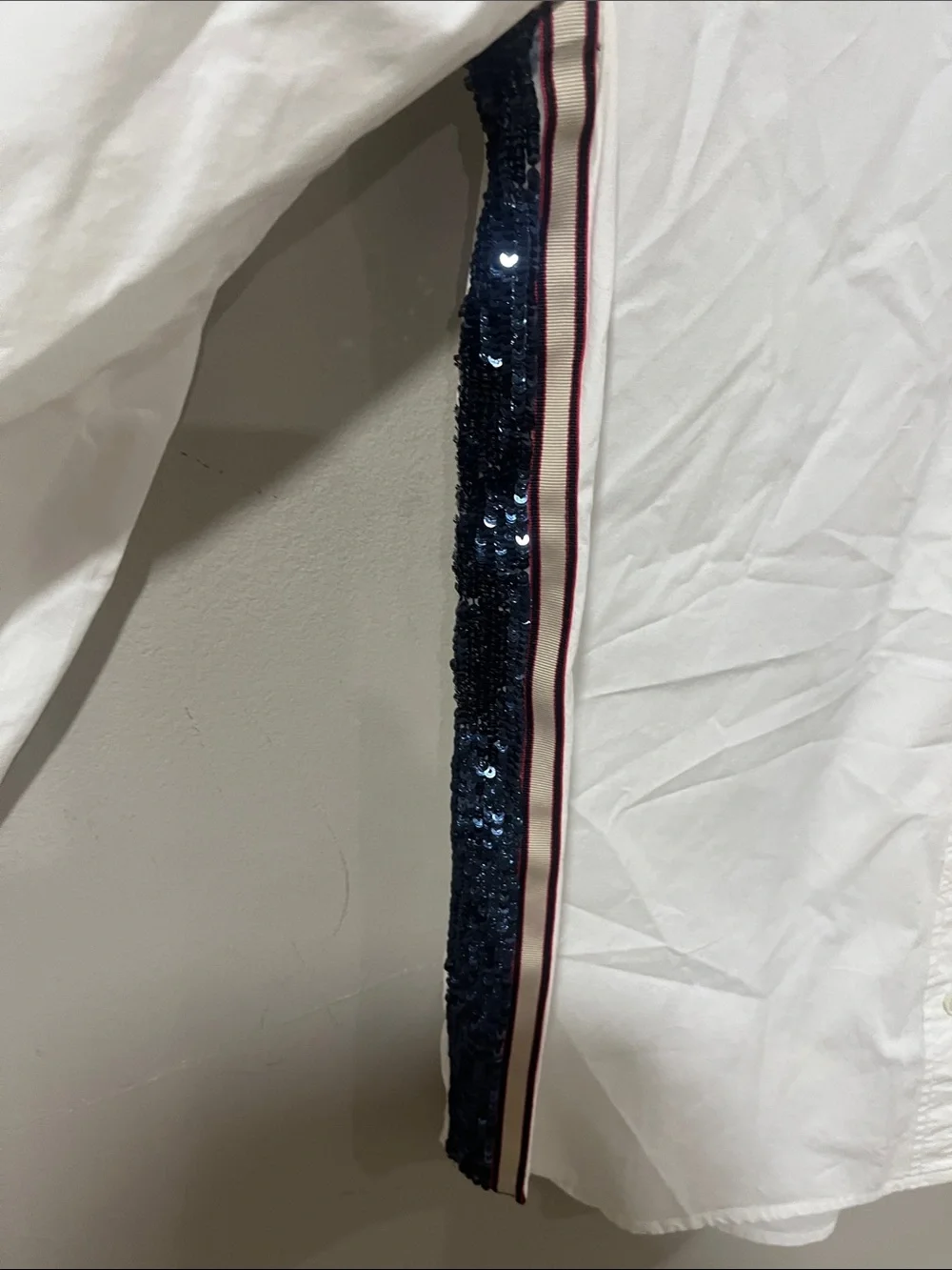 J. Crew White Button-Down Shirt with Navy Sequin Side Trim